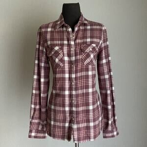 Merona sz S burgandy 100%‎ cotton button down plaid shirt